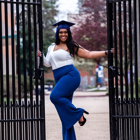 Elegant Navy Women's Flare Pants - Picture 2 of 5